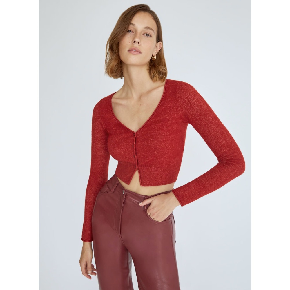 Aritzia Wilfred Cardigan Cashmere Wool Blend Marled Red Stretch Knit Cropped M